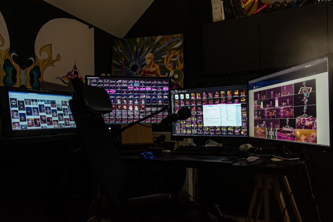 Dual monitor editing workstation with video timeline open