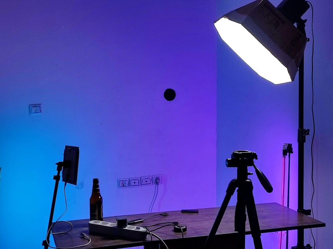 Overhead softbox lighting rig in a small production studio